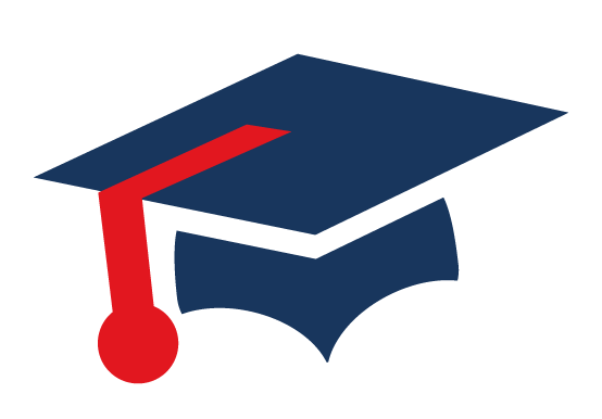Icon vector graphic of a mortar board in blue with red toggle